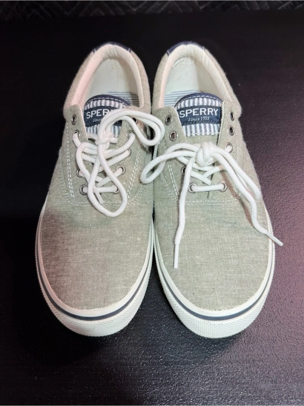 Sperry Men’s Canvas Boat Shoes in Olive Green with White Trim